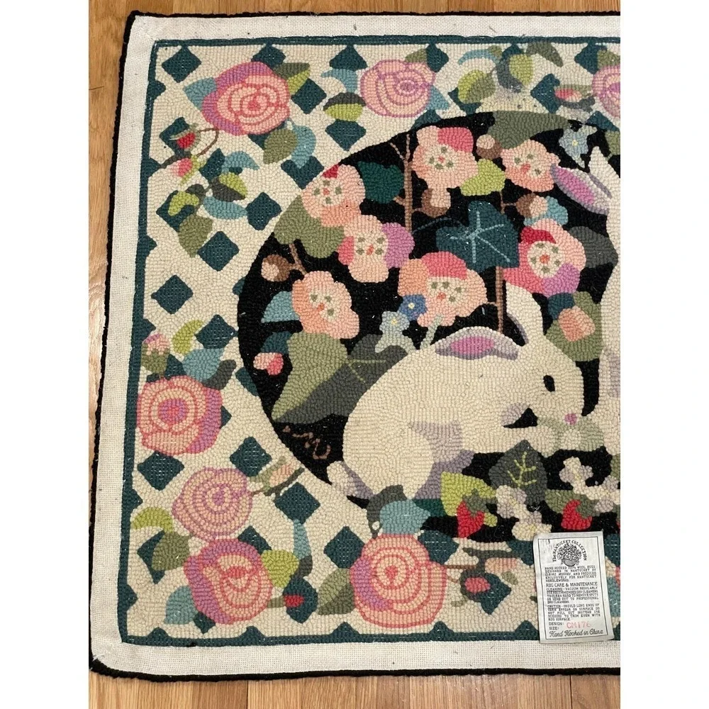 Vintage Claire Murray Bunny Rabbit Strawberry Garden Wool Rug 37 x 31 Lattice